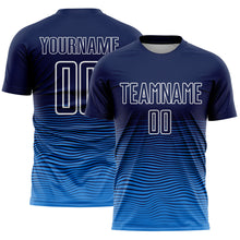 Load image into Gallery viewer, Custom Navy White-Powder Blue Gradient Wave Line Sports Sublimation Soccer Uniform Jersey