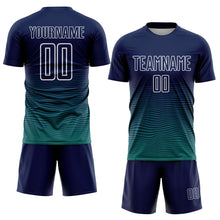 Load image into Gallery viewer, Custom Navy White-Teal Gradient Wave Line Sports Sublimation Soccer Uniform Jersey