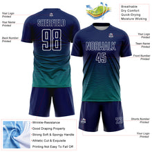 Load image into Gallery viewer, Custom Navy White-Teal Gradient Wave Line Sports Sublimation Soccer Uniform Jersey