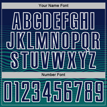 Load image into Gallery viewer, Custom Navy White-Teal Gradient Wave Line Sports Sublimation Soccer Uniform Jersey