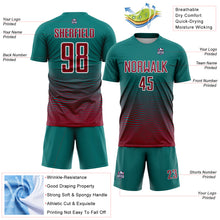 Загрузить изображение в средство просмотра галереи, Custom Teal Crimson-White Gradient Wave Line Sports Sublimation Soccer Uniform Jersey