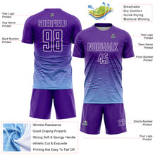 Загрузить изображение в средство просмотра галереи, Custom Purple White-Light Blue Gradient Wave Line Sports Sublimation Soccer Uniform Jersey