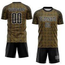 Load image into Gallery viewer, Custom Black Old Gold-White Geometric Maze Interlocking Square Sports Sublimation Soccer Uniform Jersey