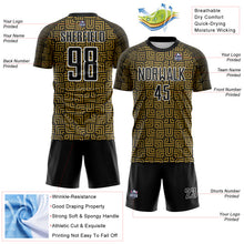 Load image into Gallery viewer, Custom Black Old Gold-White Geometric Maze Interlocking Square Sports Sublimation Soccer Uniform Jersey