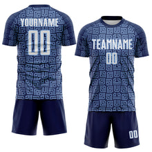 Загрузить изображение в средство просмотра галереи, Custom Navy White-Light Blue Geometric Maze Interlocking Square Sports Sublimation Soccer Uniform Jersey