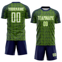 Load image into Gallery viewer, Custom Navy White-Neon Green Geometric Maze Interlocking Square Sports Sublimation Soccer Uniform Jersey