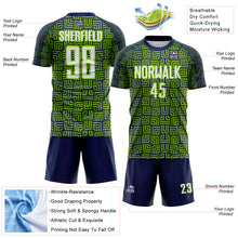 Load image into Gallery viewer, Custom Navy White-Neon Green Geometric Maze Interlocking Square Sports Sublimation Soccer Uniform Jersey