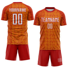 Laden Sie das Bild in den Galerie-Viewer, Custom Red White-Gold Geometric Maze Interlocking Square Sports Sublimation Soccer Uniform Jersey