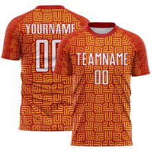 Laden Sie das Bild in den Galerie-Viewer, Custom Red White-Gold Geometric Maze Interlocking Square Sports Sublimation Soccer Uniform Jersey