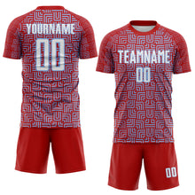 Laden Sie das Bild in den Galerie-Viewer, Custom Red White-Light Blue Geometric Maze Interlocking Square Sports Sublimation Soccer Uniform Jersey