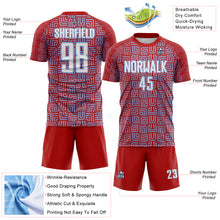 Laden Sie das Bild in den Galerie-Viewer, Custom Red White-Light Blue Geometric Maze Interlocking Square Sports Sublimation Soccer Uniform Jersey