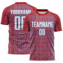 Laden Sie das Bild in den Galerie-Viewer, Custom Red White-Light Blue Geometric Maze Interlocking Square Sports Sublimation Soccer Uniform Jersey
