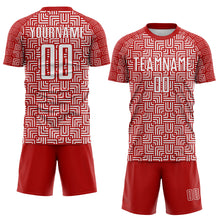 Laden Sie das Bild in den Galerie-Viewer, Custom Red White Geometric Maze Interlocking Square Sports Sublimation Soccer Uniform Jersey