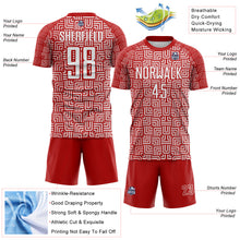 Laden Sie das Bild in den Galerie-Viewer, Custom Red White Geometric Maze Interlocking Square Sports Sublimation Soccer Uniform Jersey