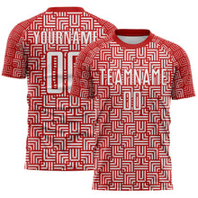Laden Sie das Bild in den Galerie-Viewer, Custom Red White Geometric Maze Interlocking Square Sports Sublimation Soccer Uniform Jersey
