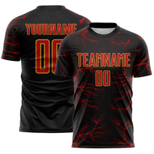 Load image into Gallery viewer, Custom Black Red-Old Gold Lightning Electric Veins Sublimation Soccer Uniform Jersey