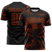 Load image into Gallery viewer, Custom Black Orange Lightning Electric Veins Sublimation Soccer Uniform Jersey