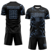 Load image into Gallery viewer, Custom Black Light Blue Lightning Electric Veins Sublimation Soccer Uniform Jersey