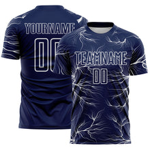 Load image into Gallery viewer, Custom Navy White Lightning Electric Veins Sublimation Soccer Uniform Jersey
