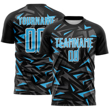 Charger l'image dans la galerie, Custom Black Sky Blue Steel Gray-White Cyber Mecha E-sport Geometric Shards Spike Sublimation Soccer Uniform Jersey