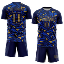 Загрузить изображение в средство просмотра галереи, Custom Navy Old Gold-Thunder Blue Cyber Mecha E-sport Geometric Shards Spike Sublimation Soccer Uniform Jersey