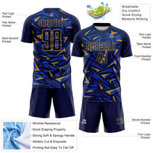 Загрузить изображение в средство просмотра галереи, Custom Navy Old Gold-Thunder Blue Cyber Mecha E-sport Geometric Shards Spike Sublimation Soccer Uniform Jersey