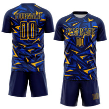 Загрузить изображение в средство просмотра галереи, Custom Navy Gold-Thunder Blue Cyber Mecha E-sport Geometric Shards Spike Sublimation Soccer Uniform Jersey