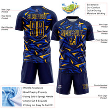 Загрузить изображение в средство просмотра галереи, Custom Navy Gold-Thunder Blue Cyber Mecha E-sport Geometric Shards Spike Sublimation Soccer Uniform Jersey