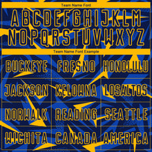 Загрузить изображение в средство просмотра галереи, Custom Navy Gold-Thunder Blue Cyber Mecha E-sport Geometric Shards Spike Sublimation Soccer Uniform Jersey