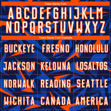 Load image into Gallery viewer, Custom Navy White Orange-Thunder Blue Cyber Mecha E-sport Geometric Shards Spike Sublimation Soccer Uniform Jersey