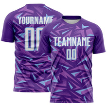 Laden Sie das Bild in den Galerie-Viewer, Custom Purple White Light Blue-Medium Purple Cyber Mecha E-sport Geometric Shards Spike Sublimation Soccer Uniform Jersey