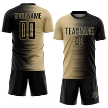 Load image into Gallery viewer, Custom Black Vegas Gold Gradient Line Sublimation Soccer Uniform Jersey