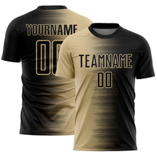 Load image into Gallery viewer, Custom Black Vegas Gold Gradient Line Sublimation Soccer Uniform Jersey