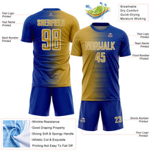 Laden Sie das Bild in den Galerie-Viewer, Custom Royal Old Gold-White Gradient Line Sublimation Soccer Uniform Jersey