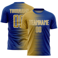 Laden Sie das Bild in den Galerie-Viewer, Custom Royal Old Gold-White Gradient Line Sublimation Soccer Uniform Jersey