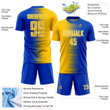 Laden Sie das Bild in den Galerie-Viewer, Custom Thunder Blue Yellow-White Gradient Line Sublimation Soccer Uniform Jersey
