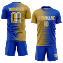 Загрузить изображение в средство просмотра галереи, Custom Thunder Blue Old Gold-White Gradient Line Sublimation Soccer Uniform Jersey