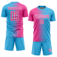 Load image into Gallery viewer, Custom Sky Blue Pink-White Gradient Line Sublimation Soccer Uniform Jersey
