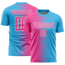 Load image into Gallery viewer, Custom Sky Blue Pink-White Gradient Line Sublimation Soccer Uniform Jersey