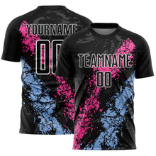 Загрузить изображение в средство просмотра галереи, Custom Black White Pink-Light Blue Dripping Splatter Cracked Texture Sublimation Soccer Uniform Jersey