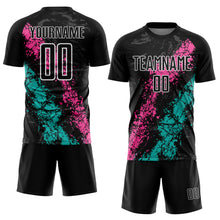 Загрузить изображение в средство просмотра галереи, Custom Black White Pink-Aqua Dripping Splatter Cracked Texture Sublimation Soccer Uniform Jersey