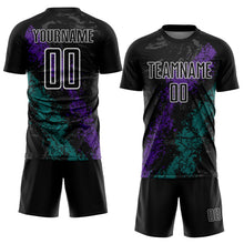 Load image into Gallery viewer, Custom Black White Purple-Teal Dripping Splatter Cracked Texture Sublimation Soccer Uniform Jersey