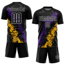Загрузить изображение в средство просмотра галереи, Custom Black White Purple-Gold Dripping Splatter Cracked Texture Sublimation Soccer Uniform Jersey