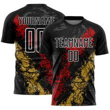 Загрузить изображение в средство просмотра галереи, Custom Black White Red-Old Gold Dripping Splatter Cracked Texture Sublimation Soccer Uniform Jersey