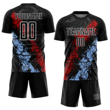 Загрузить изображение в средство просмотра галереи, Custom Black White Red-Light Blue Dripping Splatter Cracked Texture Sublimation Soccer Uniform Jersey