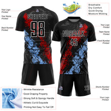 Загрузить изображение в средство просмотра галереи, Custom Black White Red-Light Blue Dripping Splatter Cracked Texture Sublimation Soccer Uniform Jersey