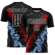 Загрузить изображение в средство просмотра галереи, Custom Black White Red-Light Blue Dripping Splatter Cracked Texture Sublimation Soccer Uniform Jersey