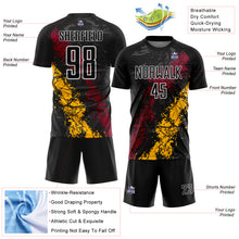 Загрузить изображение в средство просмотра галереи, Custom Black White Crimson-Gold Dripping Splatter Cracked Texture Sublimation Soccer Uniform Jersey