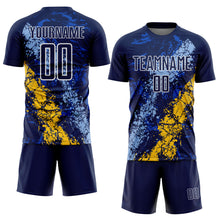 Load image into Gallery viewer, Custom Navy White Light Blue-Yellow Dripping Splatter Cracked Texture Sublimation Soccer Uniform Jersey