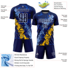 Load image into Gallery viewer, Custom Navy White Light Blue-Yellow Dripping Splatter Cracked Texture Sublimation Soccer Uniform Jersey